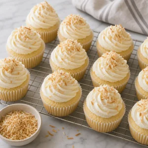 Frosted coconut cupcakes topped with toasted flakes