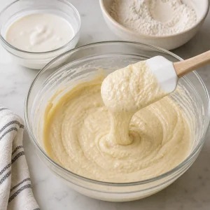 Smooth coconut cupcake batter lifted with a spatula