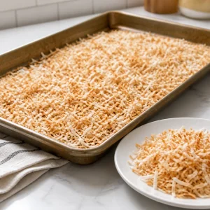 Toasted shredded coconut on a baking sheet
