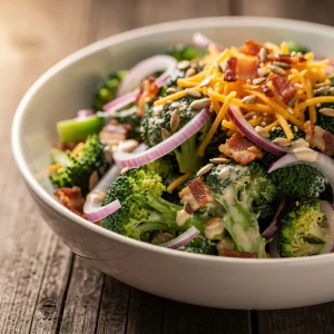 A vibrant bowl of broccoli salad with bacon, cheddar cheese, and sunflower seeds on a wooden table