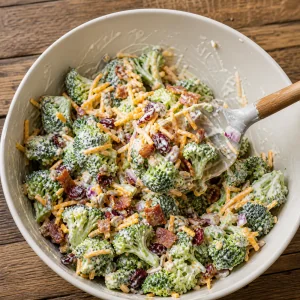 Creamy broccoli salad tossed with a spoon before serving