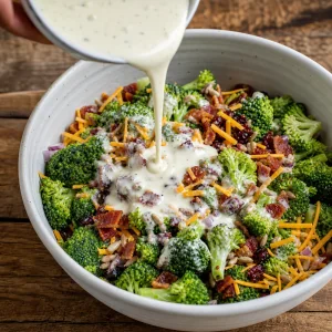 Creamy dressing poured over broccoli salad ingredients