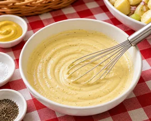 Creamy mayonnaise mustard dressing in a small bowl
