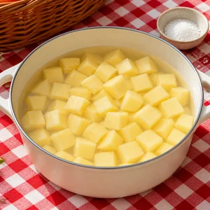 Cubed potatoes covered with salted water in a pot