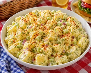 Finished creamy potato salad sprinkled with paprika