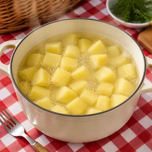 Potato cubes simmering in a pot until tender