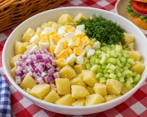 Potatoes topped with celery, red onion, eggs, and dill