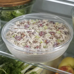 Covered turkey salad chilling on a refrigerator shelf
