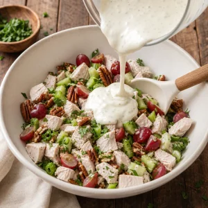 Creamy dressing poured over turkey salad ingredients