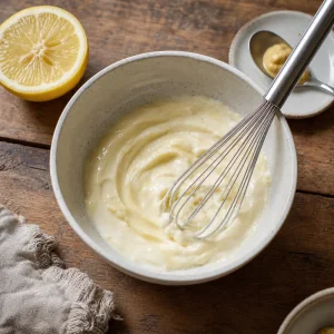 Creamy lemon Dijon dressing whisked in a ceramic bowl