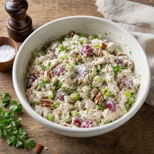 Creamy turkey salad topped with coarse salt and black pepper