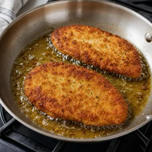 Breaded chicken cutlets fry in bubbling olive oil until golden and crispy.