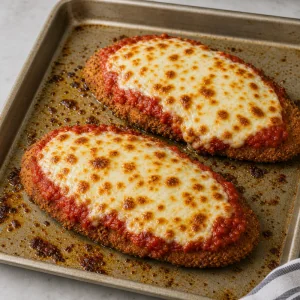 Chicken parmigiana cutlets have melted bubbly mozzarella with golden brown spots after broiling.