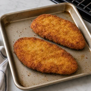 Golden fried chicken cutlets rest on a baking sheet before sauce and cheese are added.