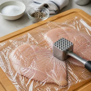 Raw chicken breasts are pounded between plastic wrap and seasoned with salt and pepper.
