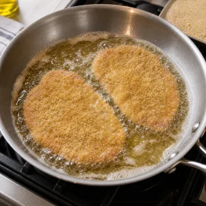 Breaded pork cutlets frying in bubbling oil and butter.