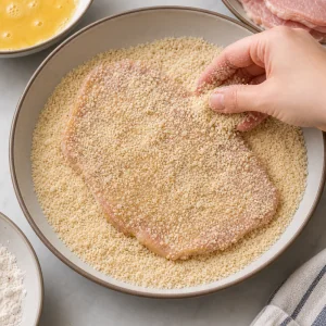 Egg-coated pork cutlet gently covered with loose breadcrumbs.