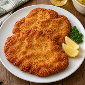 Hot crispy pork schnitzel served with fresh lemon wedges.