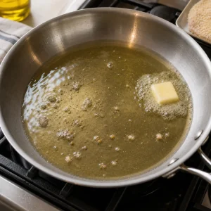 Oil and butter heating in a skillet with breadcrumbs sizzling.