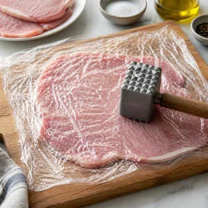 Pork cutlet being pounded thin between sheets of plastic wrap.