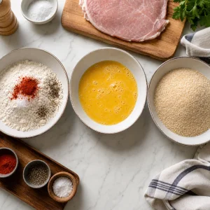 Three-bowl dredging station with seasoned flour, beaten eggs, and breadcrumbs.