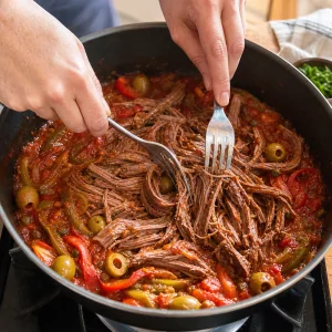 부드럽게 찢은 소고기를 토마토 피망 소스, 올리브, 케이퍼와 섞는 모습