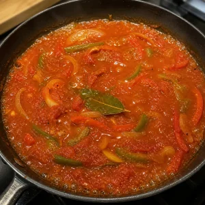 쿠바식 로파 비에하용 토마토 피망 소스가 월계수잎과 함께 끓는 모습
