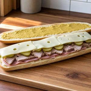 Cubano aperto con formaggio, prosciutto, maiale e cetriolini