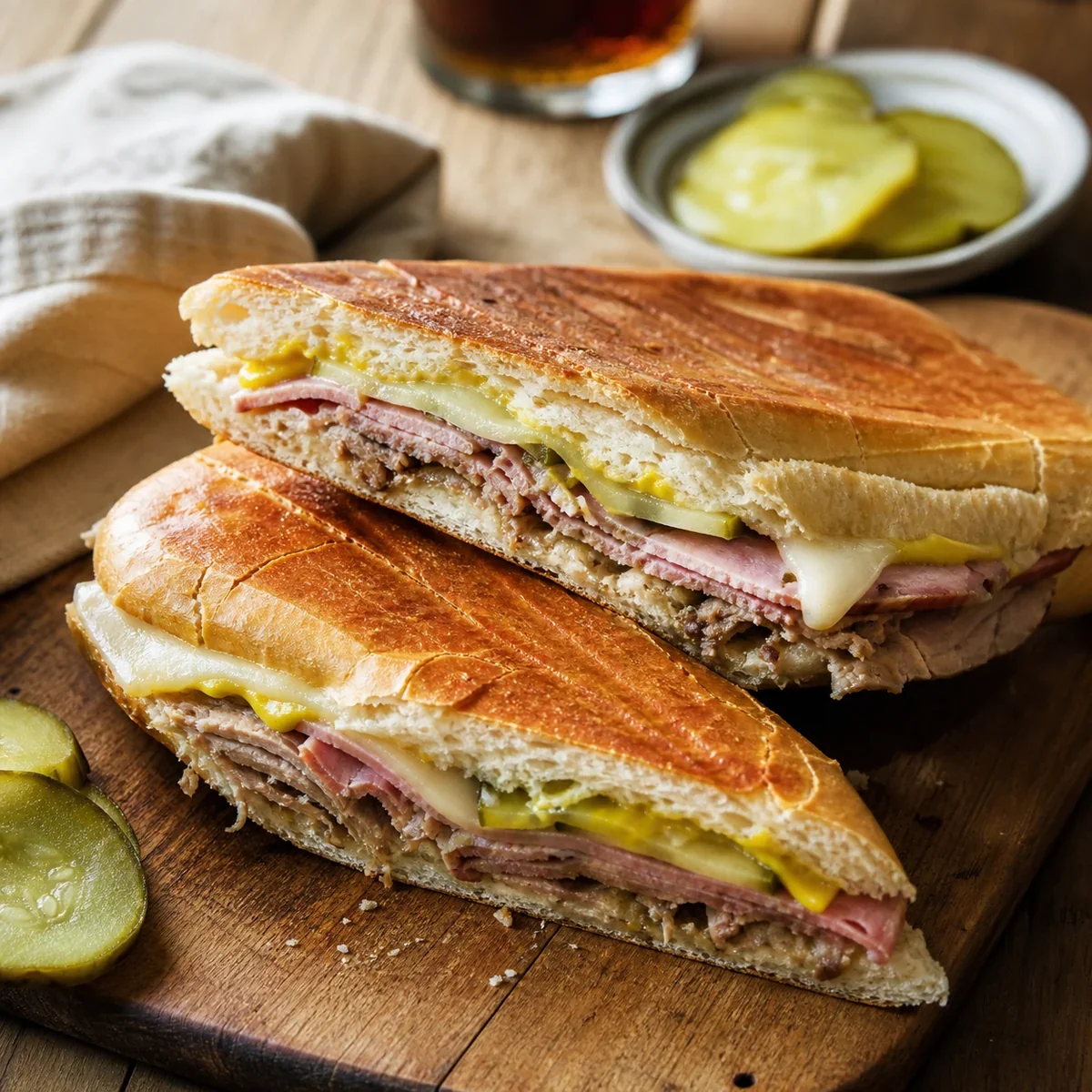 Sandwich cubano pressato e tagliato su un tagliere di legno