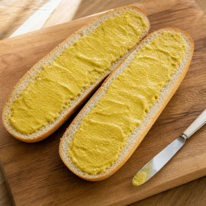 Senape gialla spalmata su entrambe le metà del pane