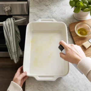 A greased rectangular baking dish ready for classic meat lasagna assembly