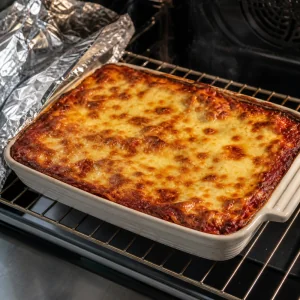 Baked lasagna uncovered with golden bubbling mozzarella after the foil is removed