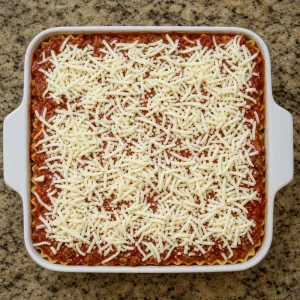Fully assembled unbaked lasagna topped with meat sauce and shredded mozzarella