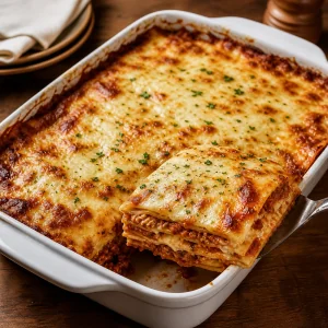 Rested meat lasagna cut to show set layers of noodles sauce and three cheeses