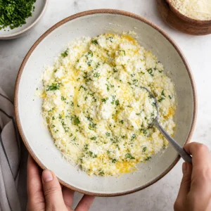 Ricotta egg Parmesan and parsley mixed into a creamy lasagna cheese filling