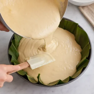 Ciasto na bibingkę wlewane do okrągłej formy z liściem bananowca.