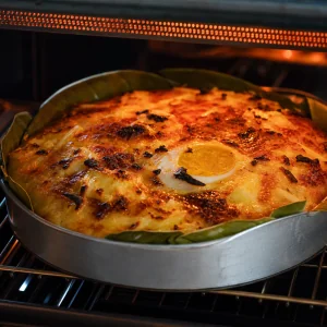 Bibingka pod grillem z lekko przypieczonym złotym wierzchem.