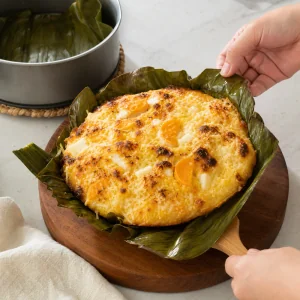 Świeżo upieczona bibingka wyjmowana z formy na liściach bananowca.