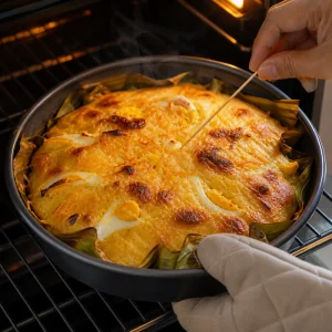 Złocista bibingka w piekarniku sprawdzana wykałaczką.