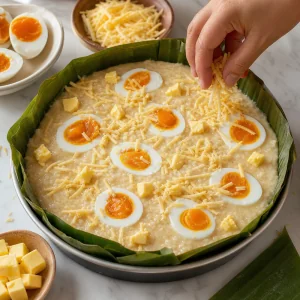 Surowa bibingka z solonymi jajami kaczymi, serem i masłem.