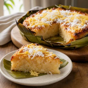 Ciepła pokrojona bibingka podana z wiórkami kokosowymi i serem.