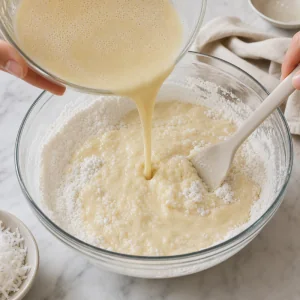 Masa kokosowa wlewana do mąki ryżowej na ciasto bibingka.