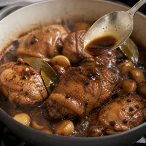 Chicken adobo simmering as glossy sauce is spooned over the thighs