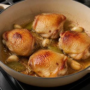 Chicken thighs browning skin side down in a heavy skillet