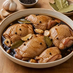 Chicken thighs soaking in soy vinegar marinade with garlic and bay leaves