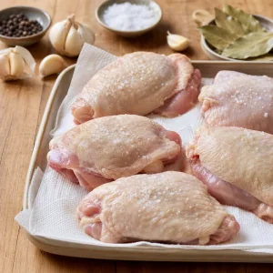 Raw chicken thighs patted dry with salt, garlic, bay leaves, and peppercorns nearby