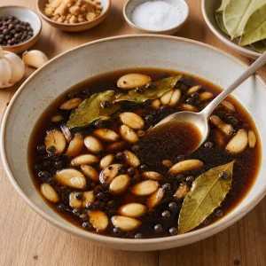 Soy vinegar marinade with garlic, bay leaves, peppercorns, and brown sugar