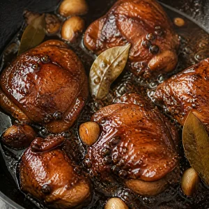 Chicken adobo simmering uncovered as the sauce reduces into a thick glossy glaze.