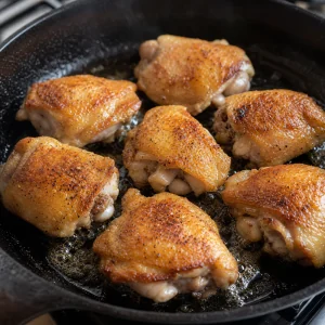 Chicken thighs searing skin-side down in a skillet until golden and crisp.