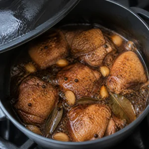 Seared chicken thighs simmering in adobo sauce with garlic, bay leaves, and peppercorns.